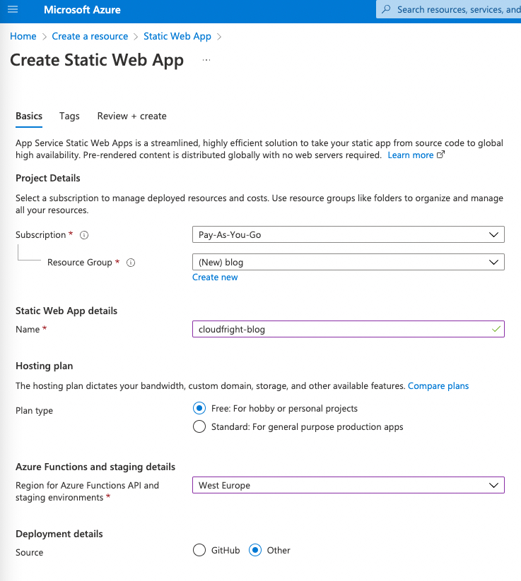 azure portal static web app create dialog 